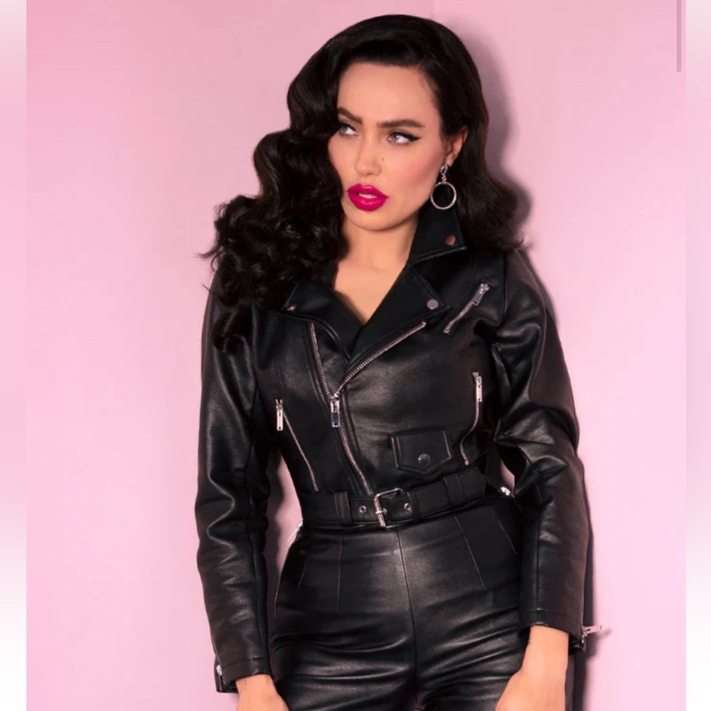 SOLD DO NOT BUY Vixen by Micheline Pitt Faux Leather Cropped Motorcycle Jacket